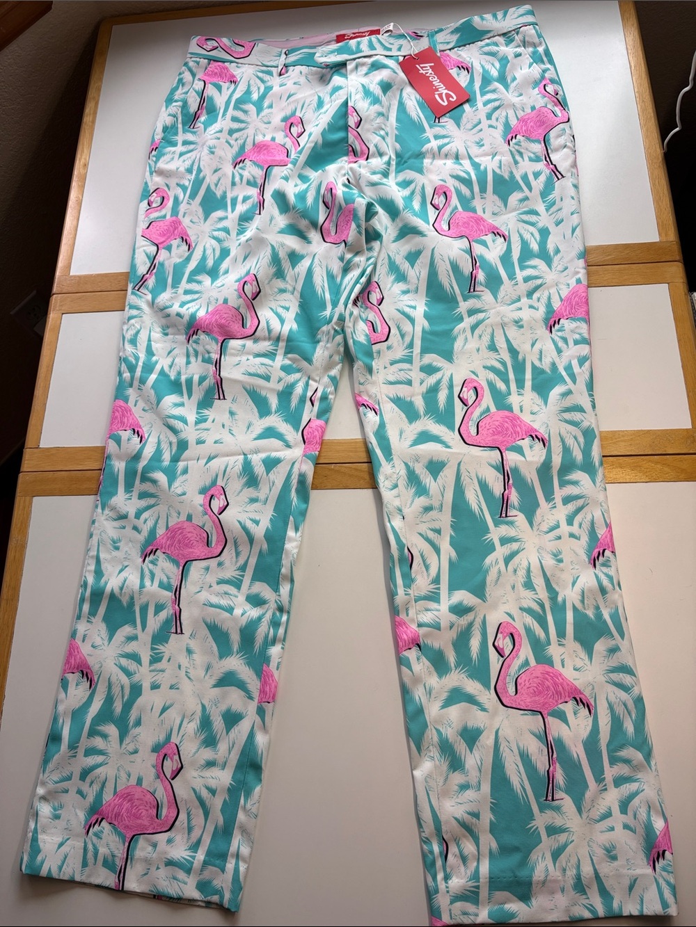 Shinesty 100% polyester  Flamingo Print Pants - Pink on Aqua Women Sz 42” 35”